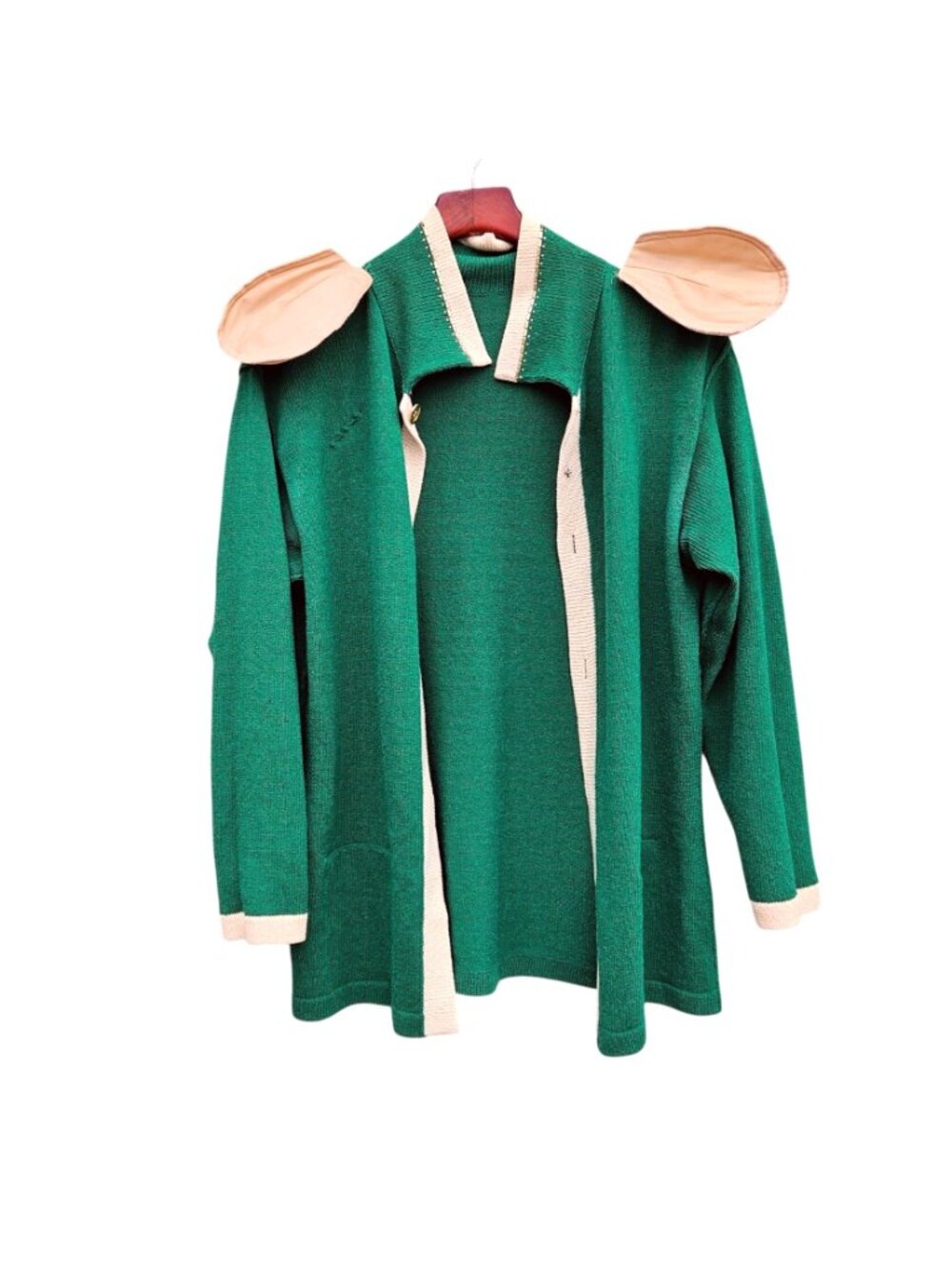 Vintage 80s Rich Levy Green Wool Knit Cardigan Leopard Brooch Womens L - Picture 7 of 14